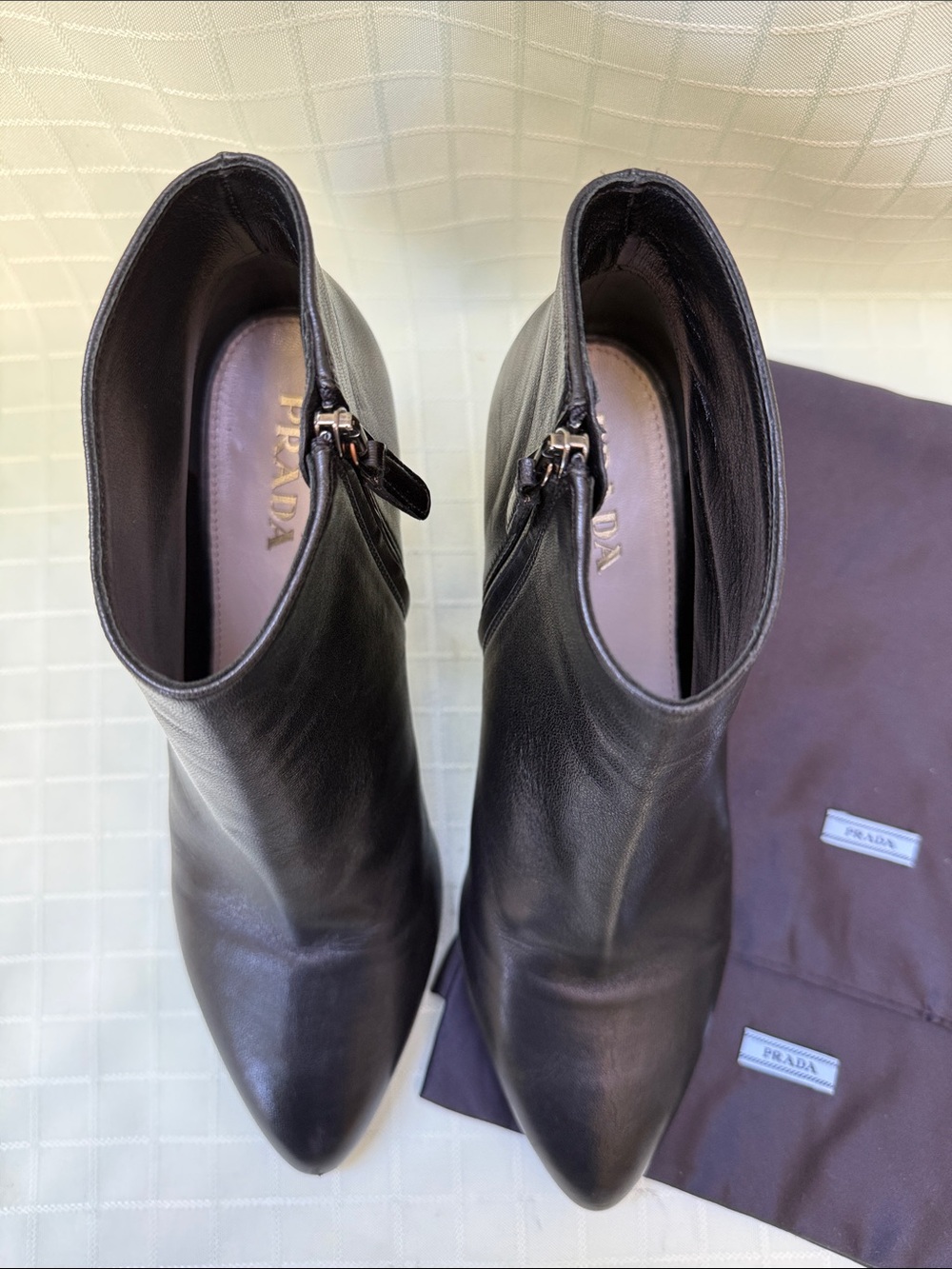 Prada Black Leather Pointed Toe Ankle Boots - Picture 2 of 10